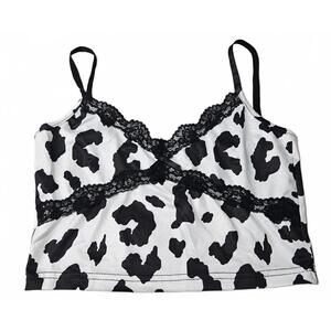 Cow Print Western Black‎ & White Tank Top Camisole with Lace Trim Size Medium